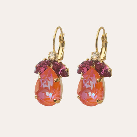 Orange earrings with fuchsia leaves and a Swarovski drop