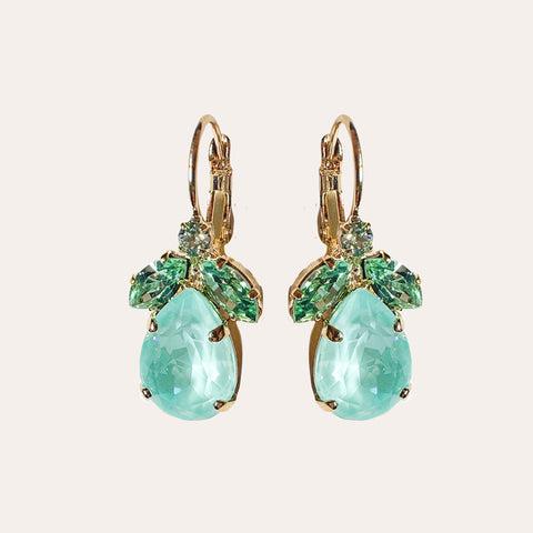 Mint green earrings with leaves and a Swarovski drop