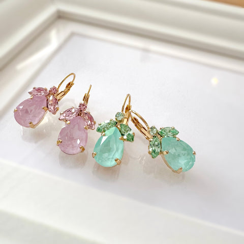 Mint green earrings with leaves and a Swarovski drop