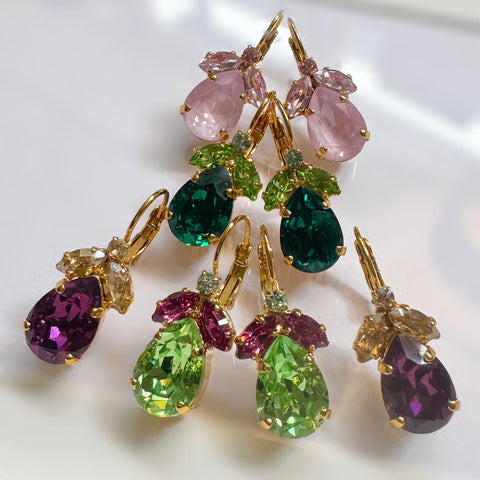 Pink earrings with leaves and a Swarovski drop